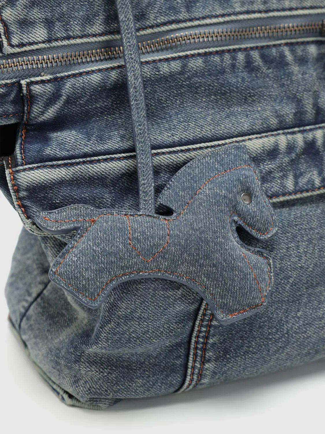 Washed Denim Twisted Handle Drawstring Zipper Handbag