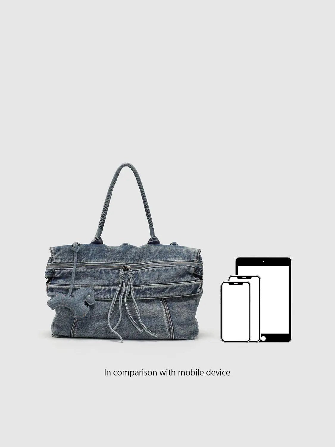 Washed Denim Twisted Handle Drawstring Zipper Handbag