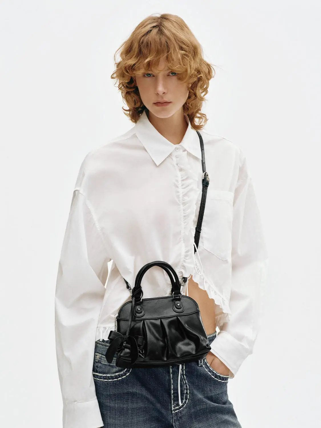 Ruched Top Handle Crossbody Bag With Bow Detail