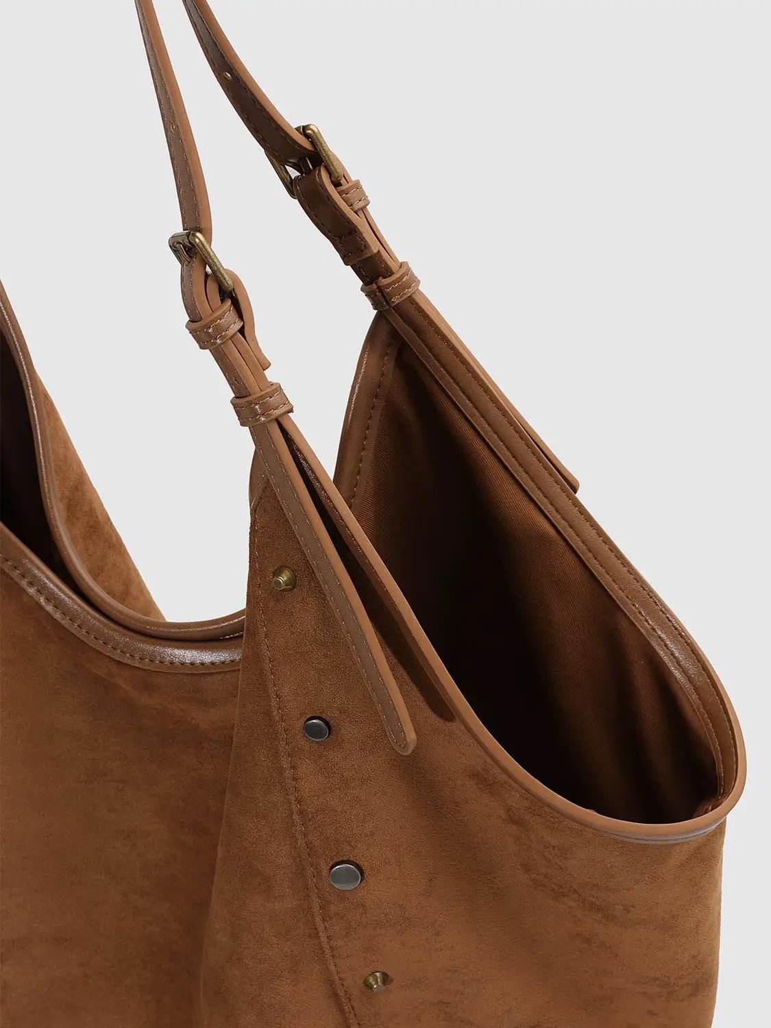 Studded Textured Brown Fabric Shoulder Bag