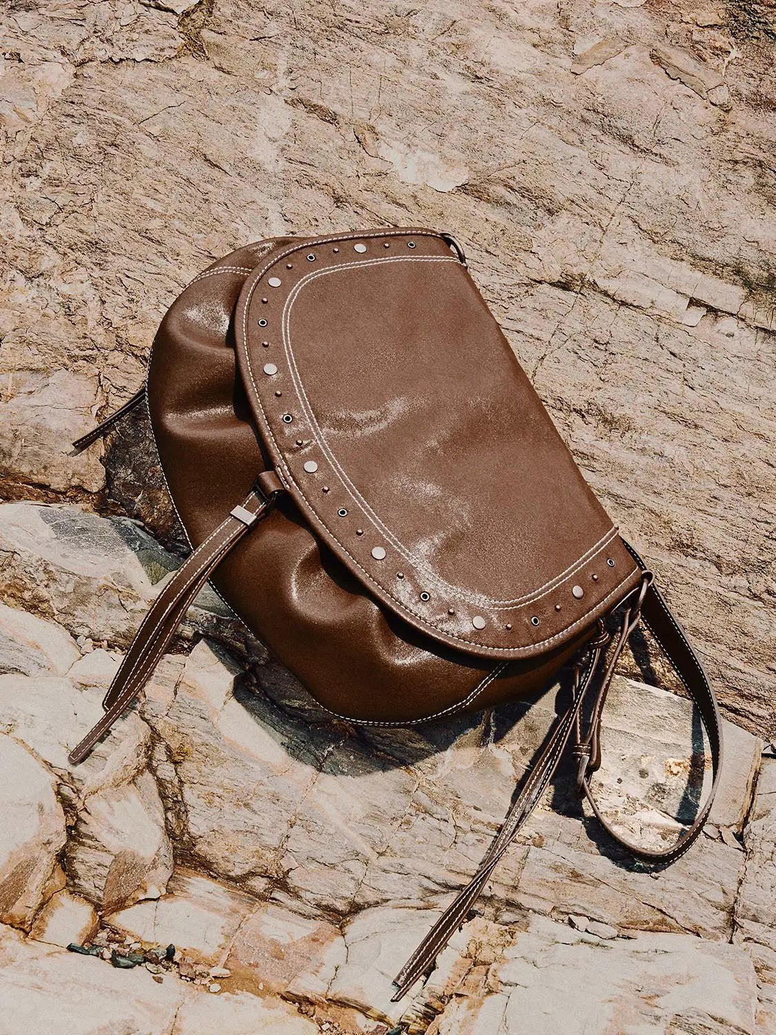 Studded Contrast Stitch Saddle Shoulder Bag