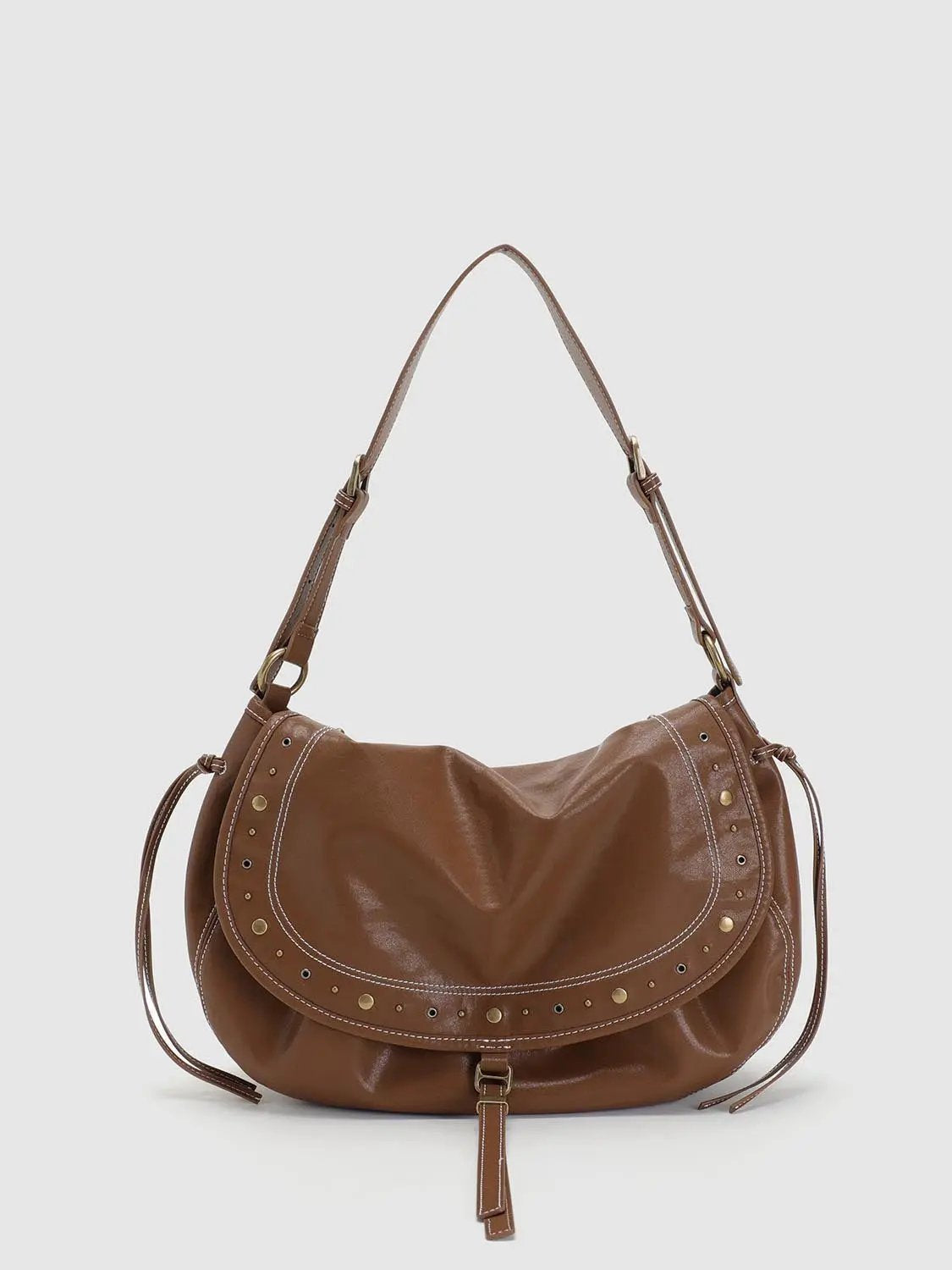 Studded Contrast Stitch Saddle Shoulder Bag