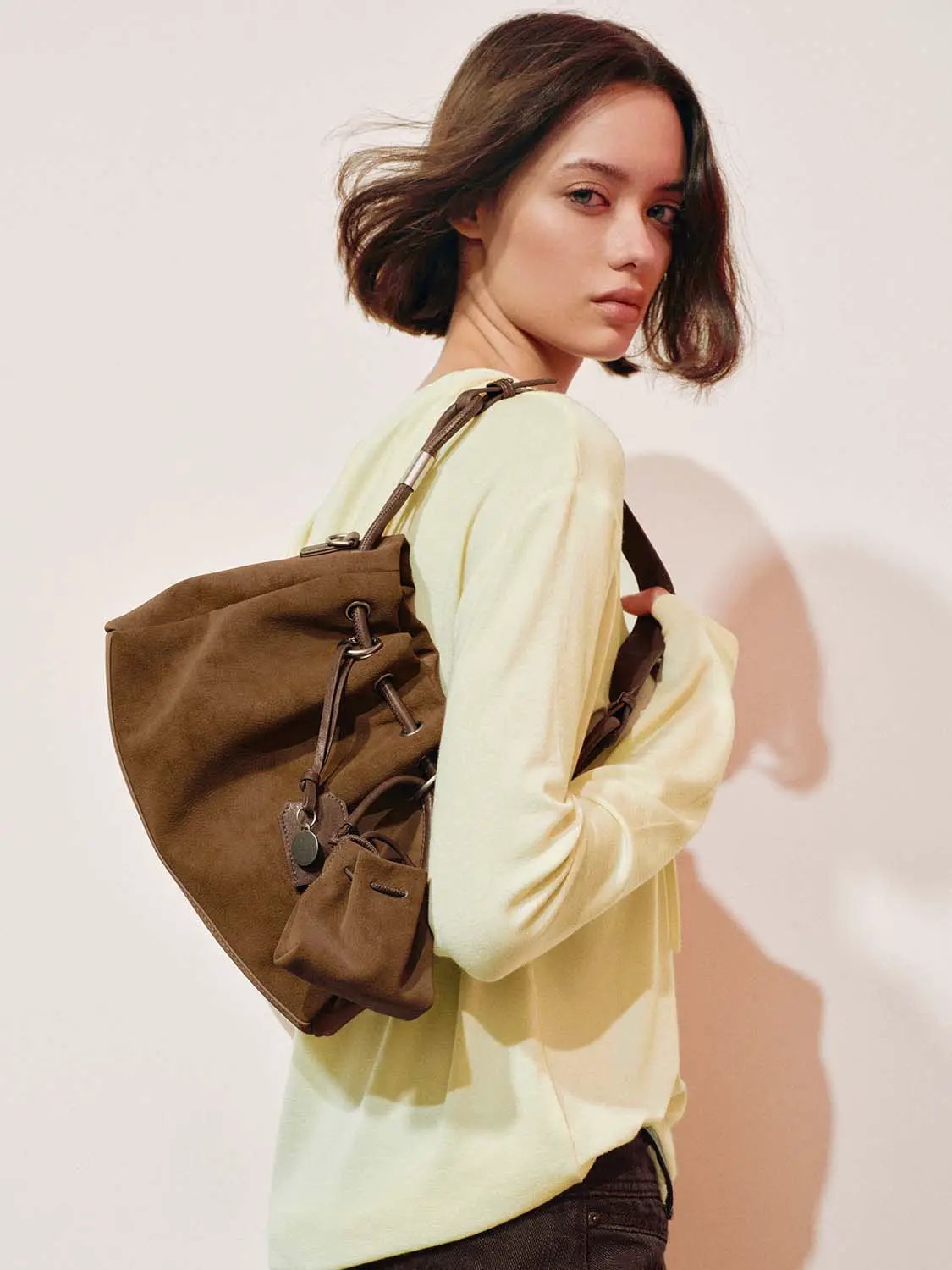 Ruched Drawstring Artificial Leather Shoulder Bag