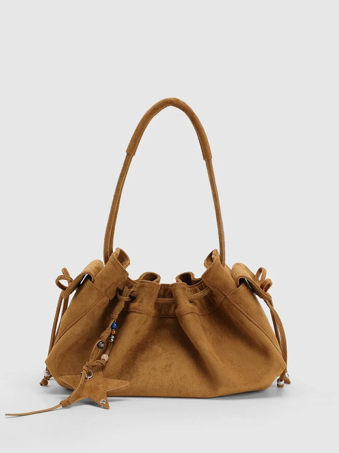 Tan Ruffled Drawstring Beaded Star Shoulder Bag