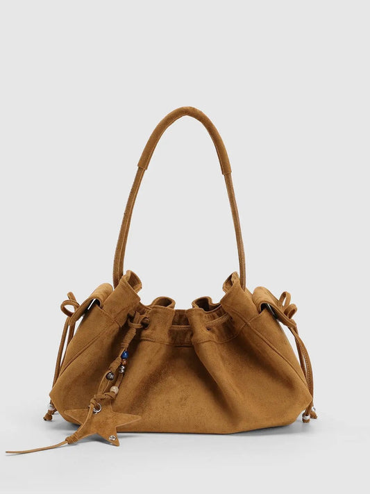 Tan Ruffled Drawstring Beaded Star Shoulder Bag
