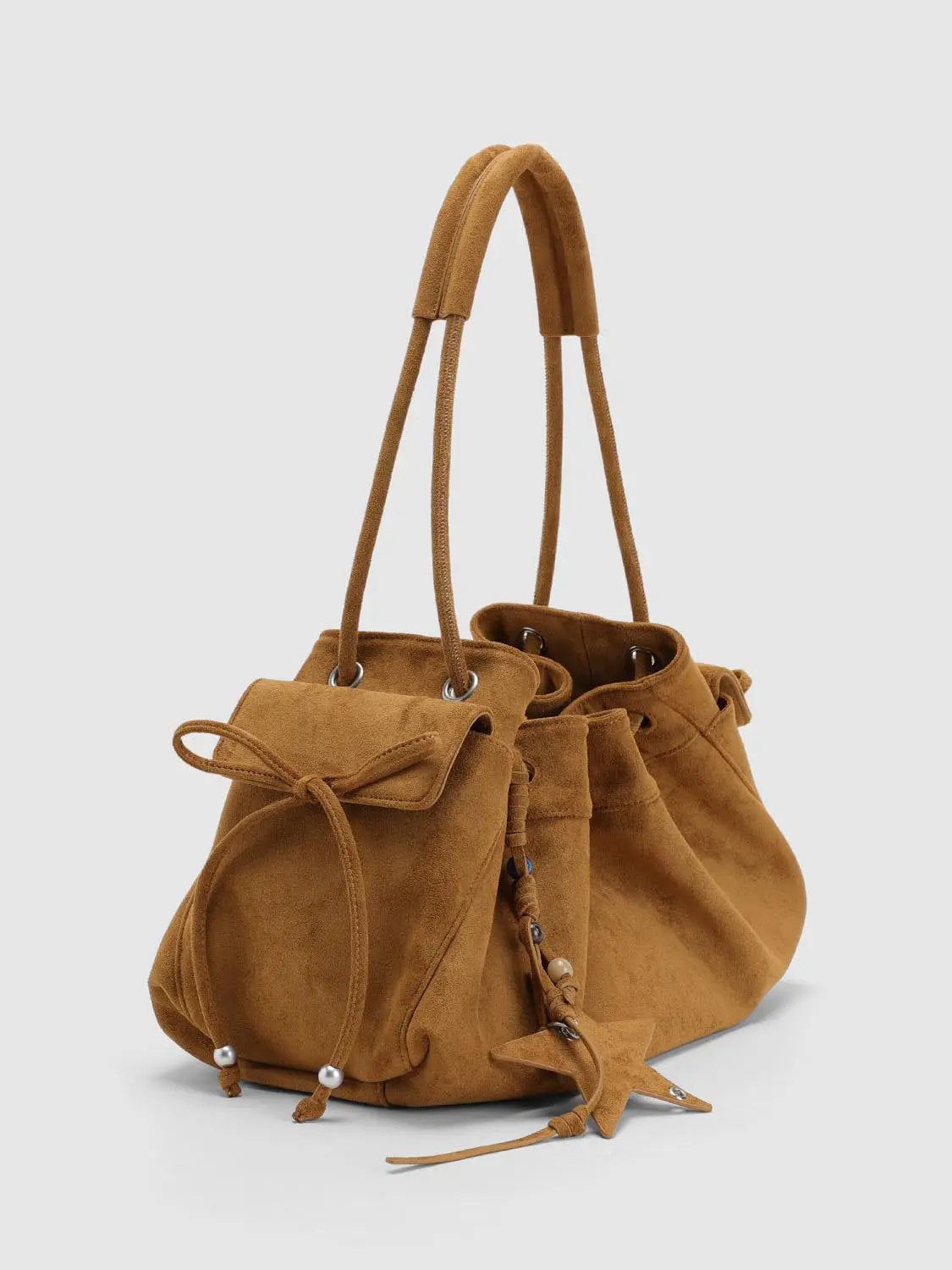Tan Ruffled Drawstring Beaded Star Shoulder Bag