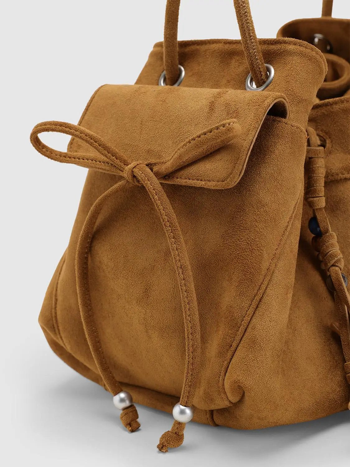 Tan Ruffled Drawstring Beaded Star Shoulder Bag