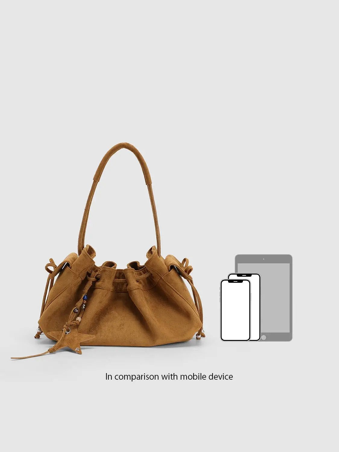 Tan Ruffled Drawstring Beaded Star Shoulder Bag