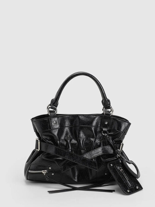 Zippered Ruched Black Crossbody Top Handle Handbag