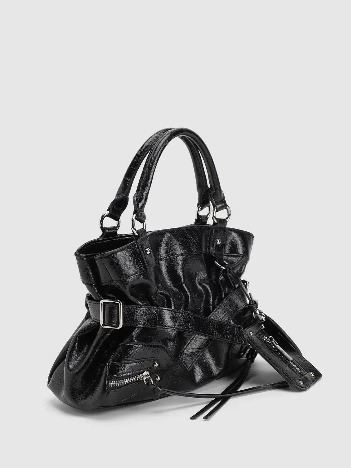 Zippered Ruched Black Crossbody Top Handle Handbag