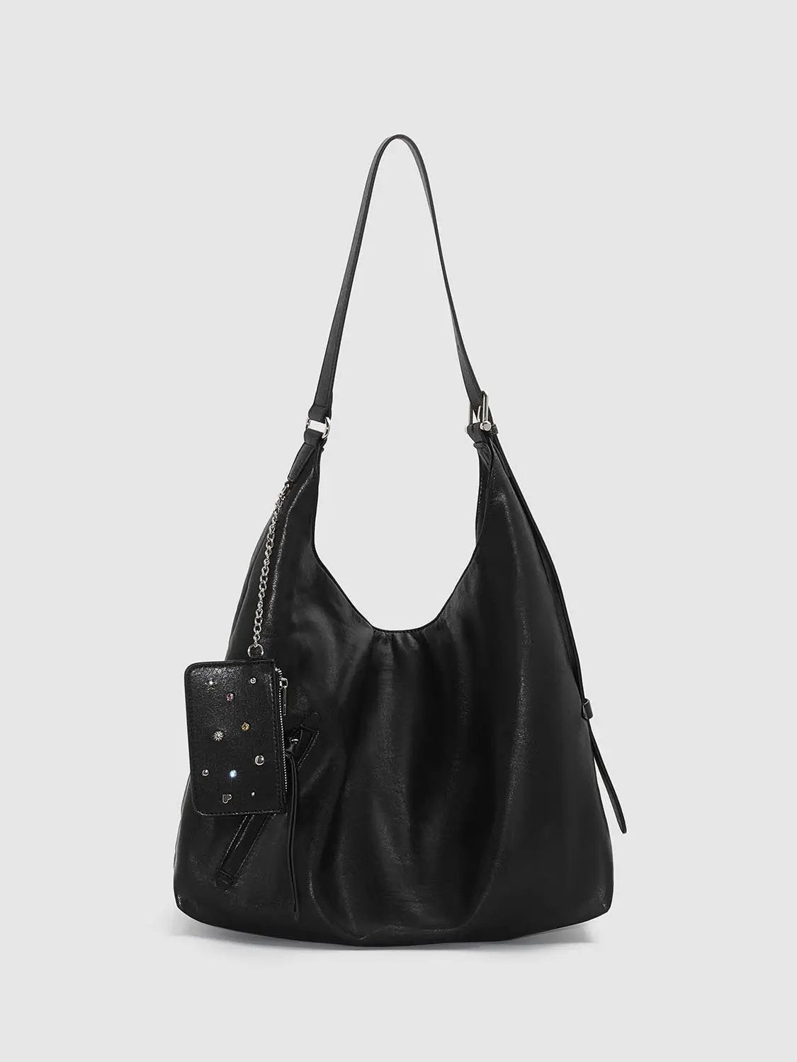 Slouchy Ruched Long Strap Shoulder Bag With Studded Charm