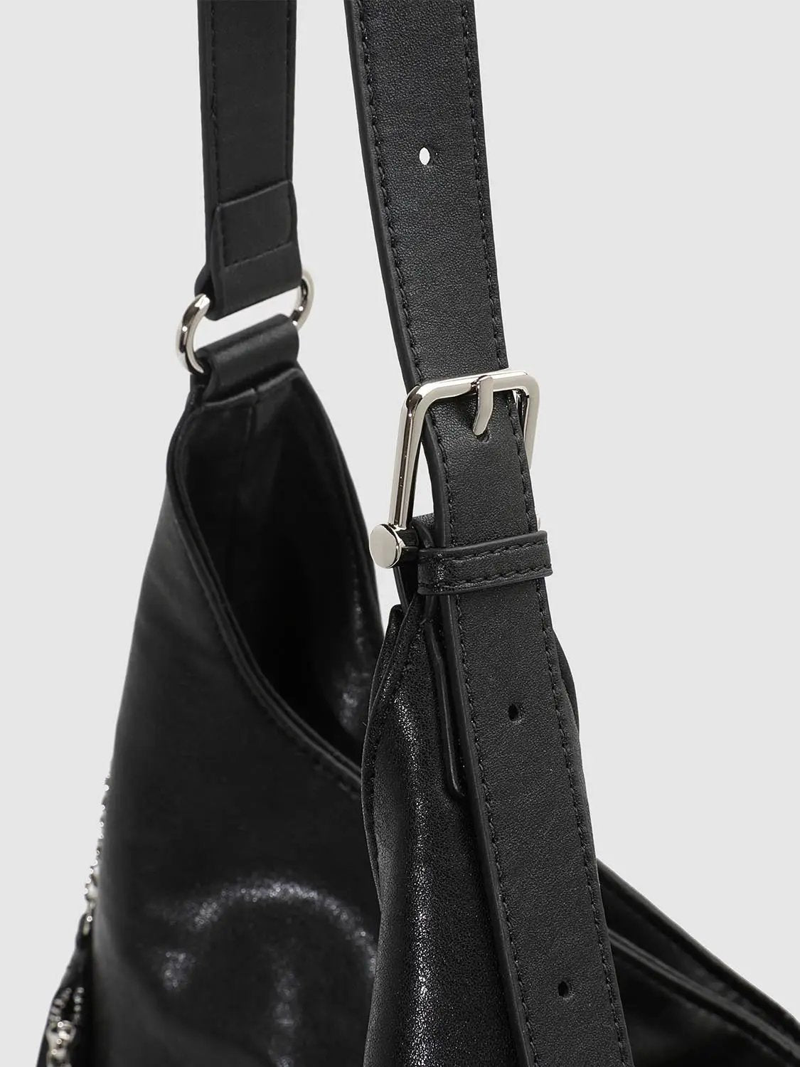 Slouchy Ruched Long Strap Shoulder Bag With Studded Charm