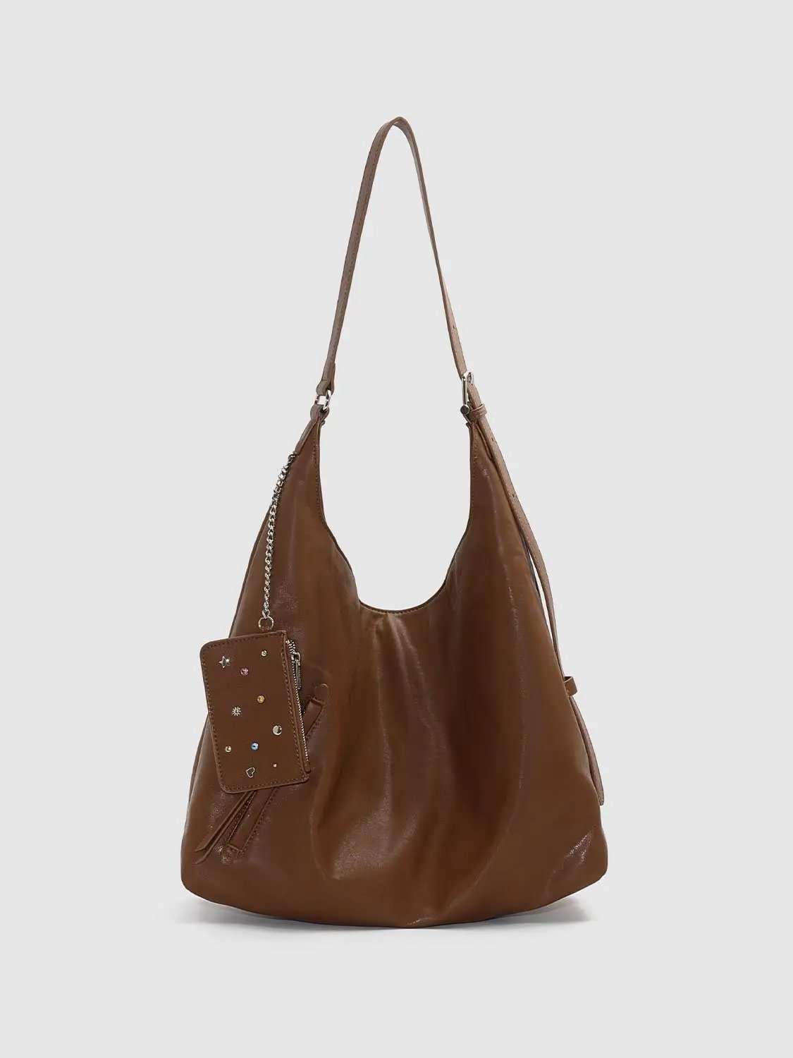 Slouchy Ruched Long Strap Shoulder Bag With Studded Charm