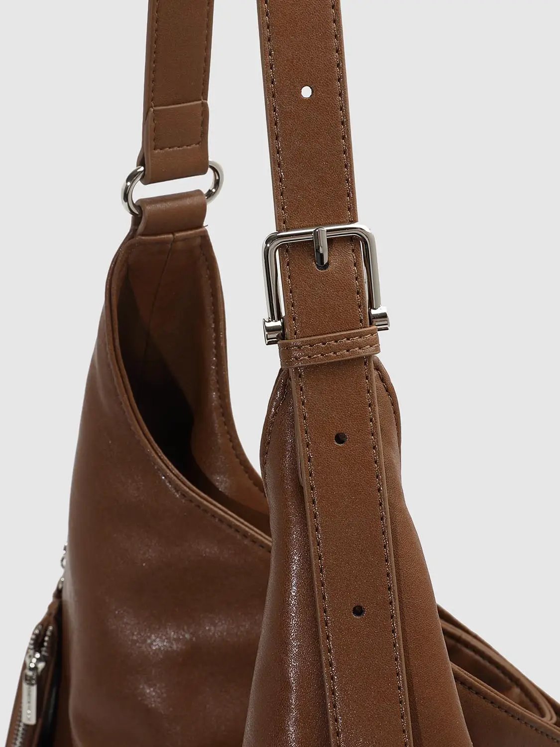 Slouchy Ruched Long Strap Shoulder Bag With Studded Charm