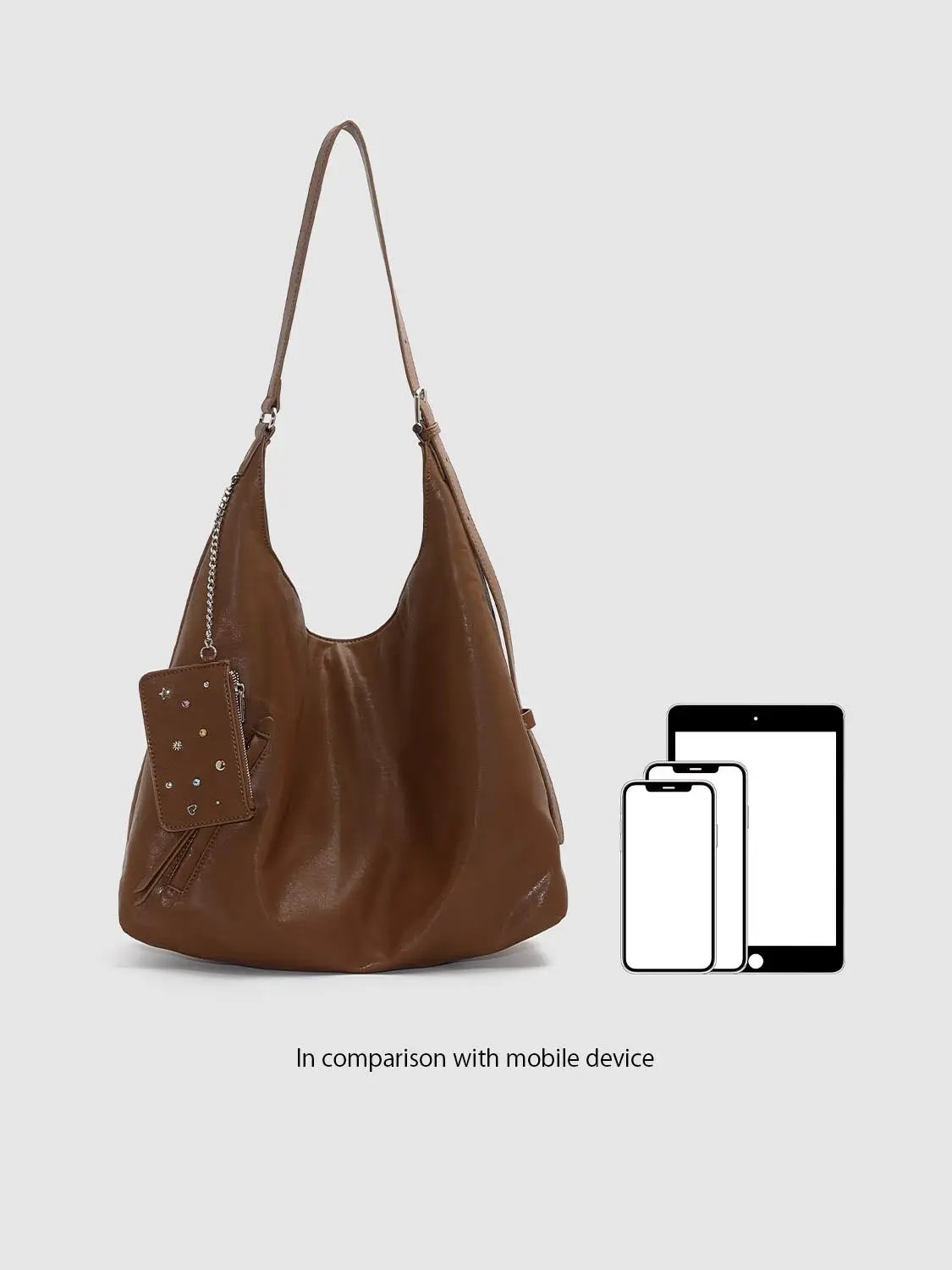Slouchy Ruched Long Strap Shoulder Bag With Studded Charm