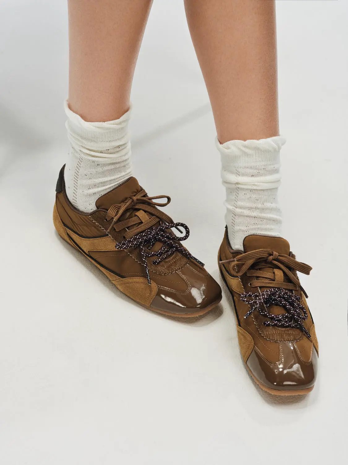 Patent Toe Panelled Mixed Texture Sneakers