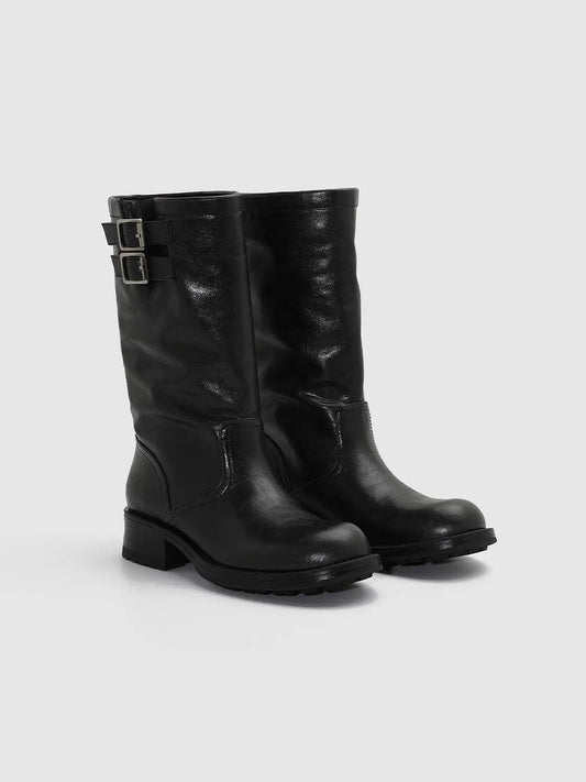 Double Buckle Side Strap Mid-calf Block Heel Boots