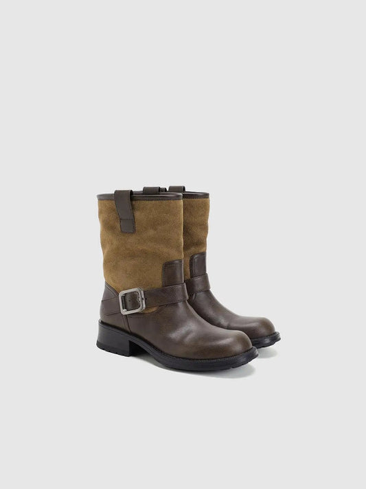 Two-tone Textured Metallic Ankle Buckle Mid-Calf Boots
