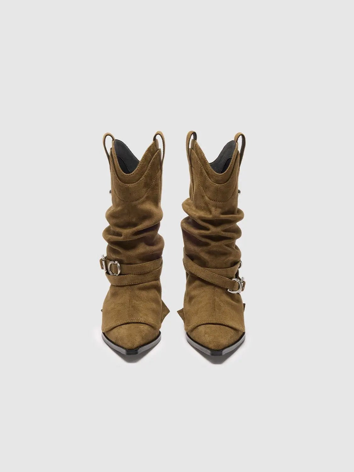 Ruched Western Boot With Buckled Ankle Strap