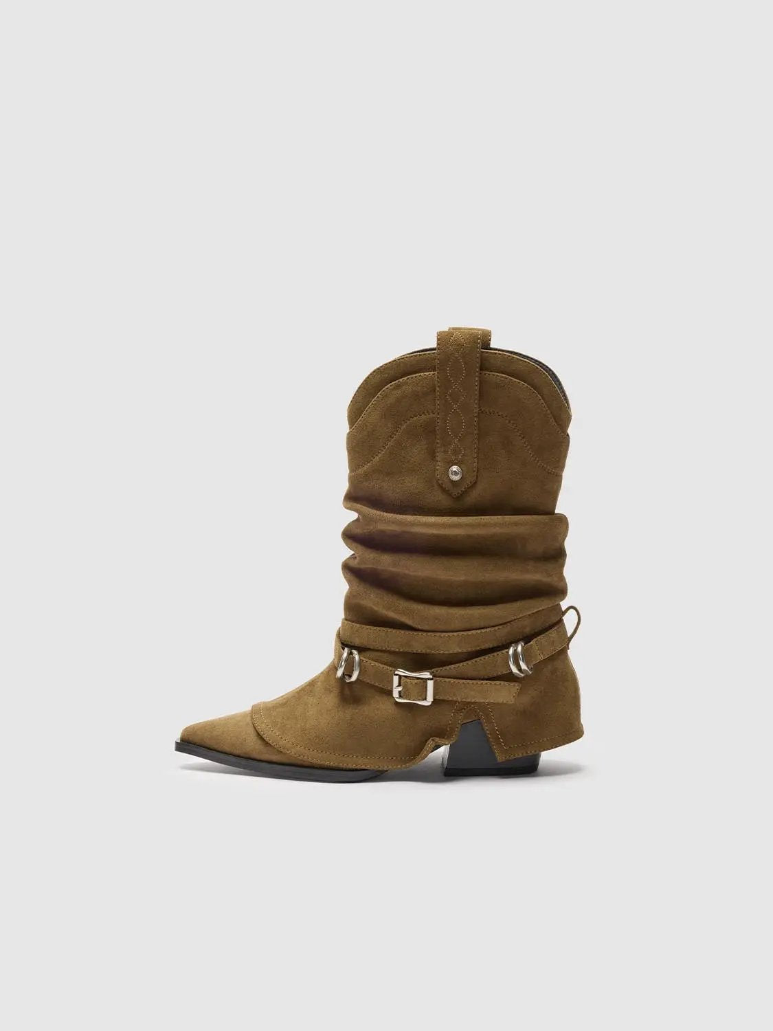 Ruched Western Boot With Buckled Ankle Strap