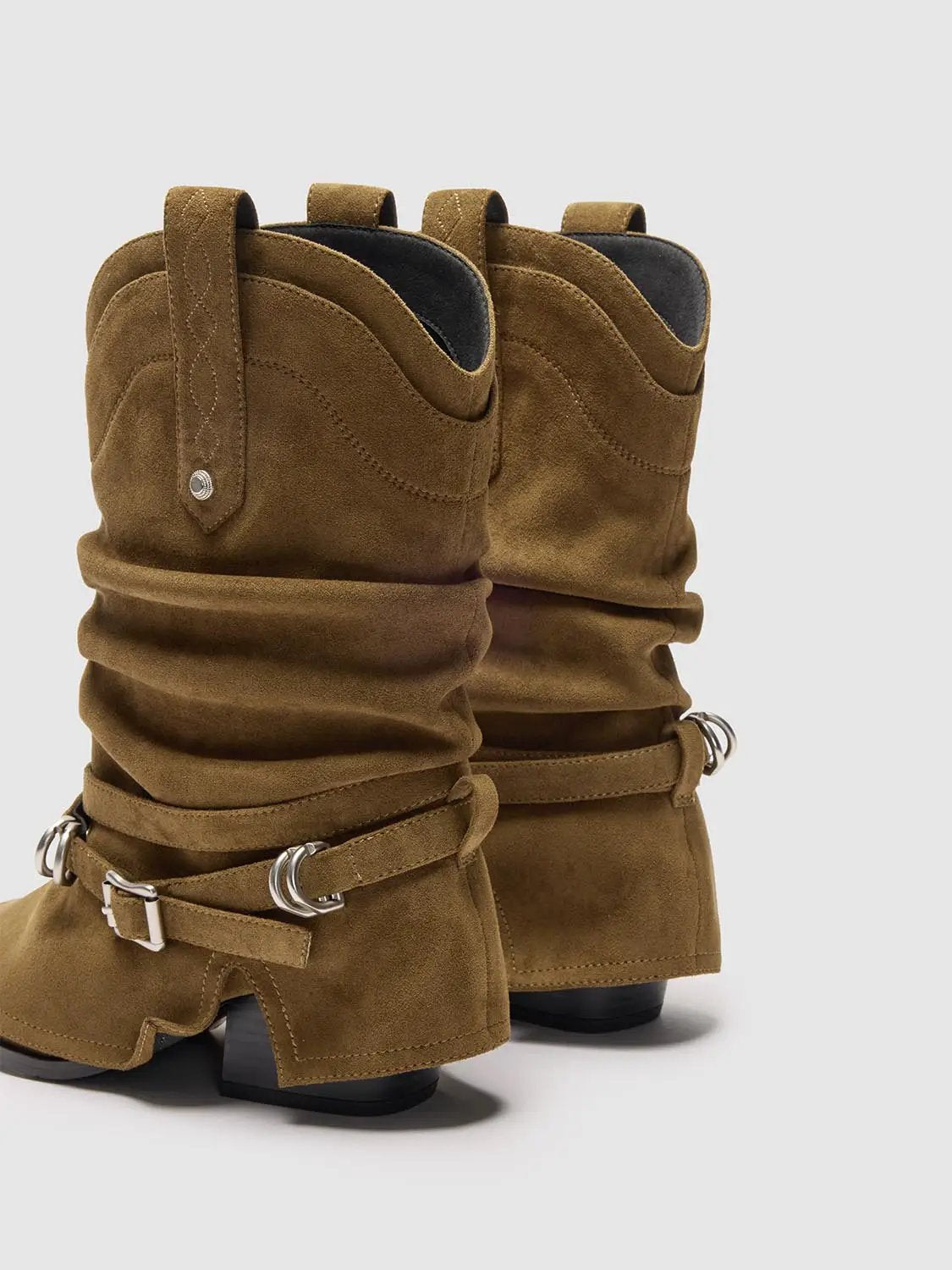 Ruched Western Boot With Buckled Ankle Strap