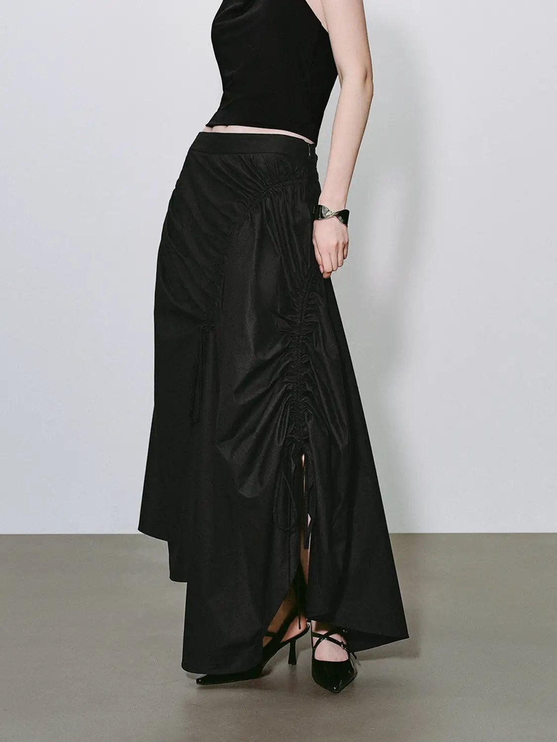 High-Waisted Ruched Drawstring Slit Irregular Hem A-Line Cotton Skirt