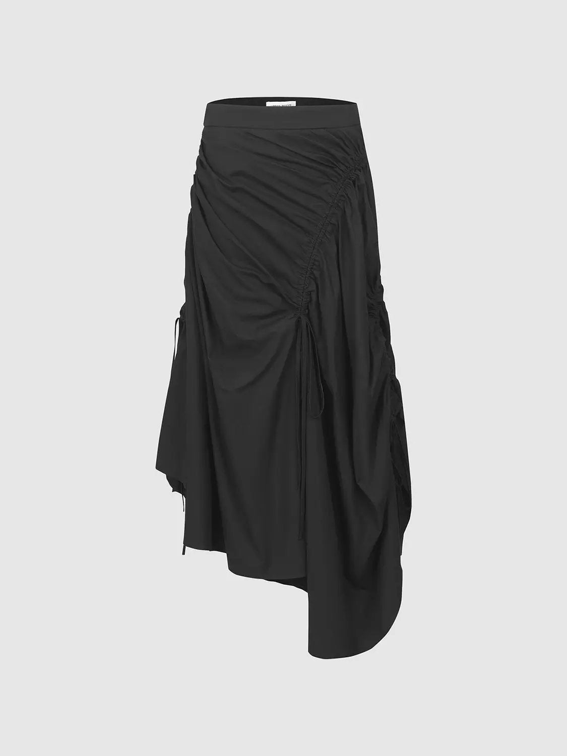 High-Waisted Ruched Drawstring Slit Irregular Hem A-Line Cotton Skirt