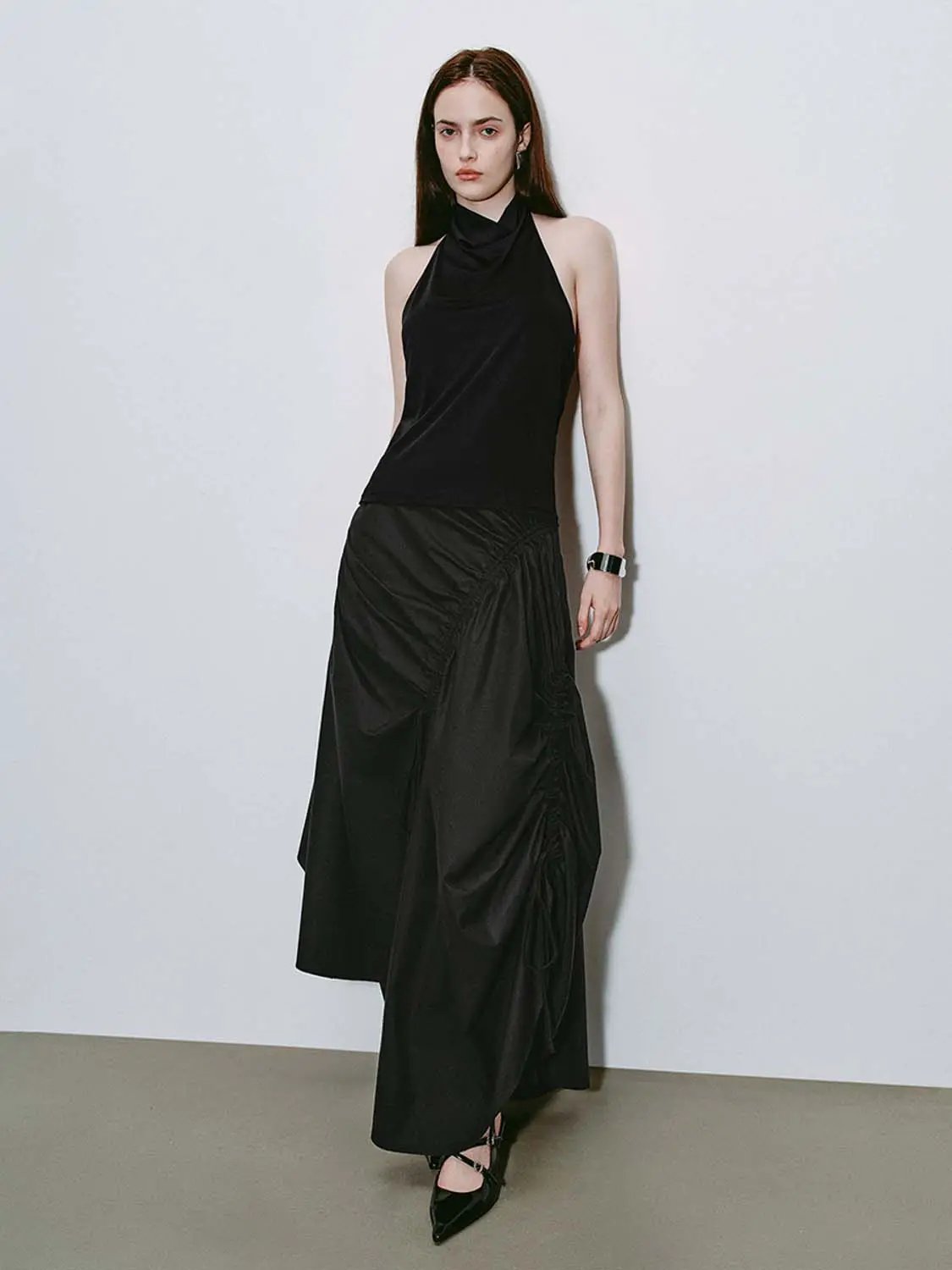 High-Waisted Ruched Drawstring Slit Irregular Hem A-Line Cotton Skirt