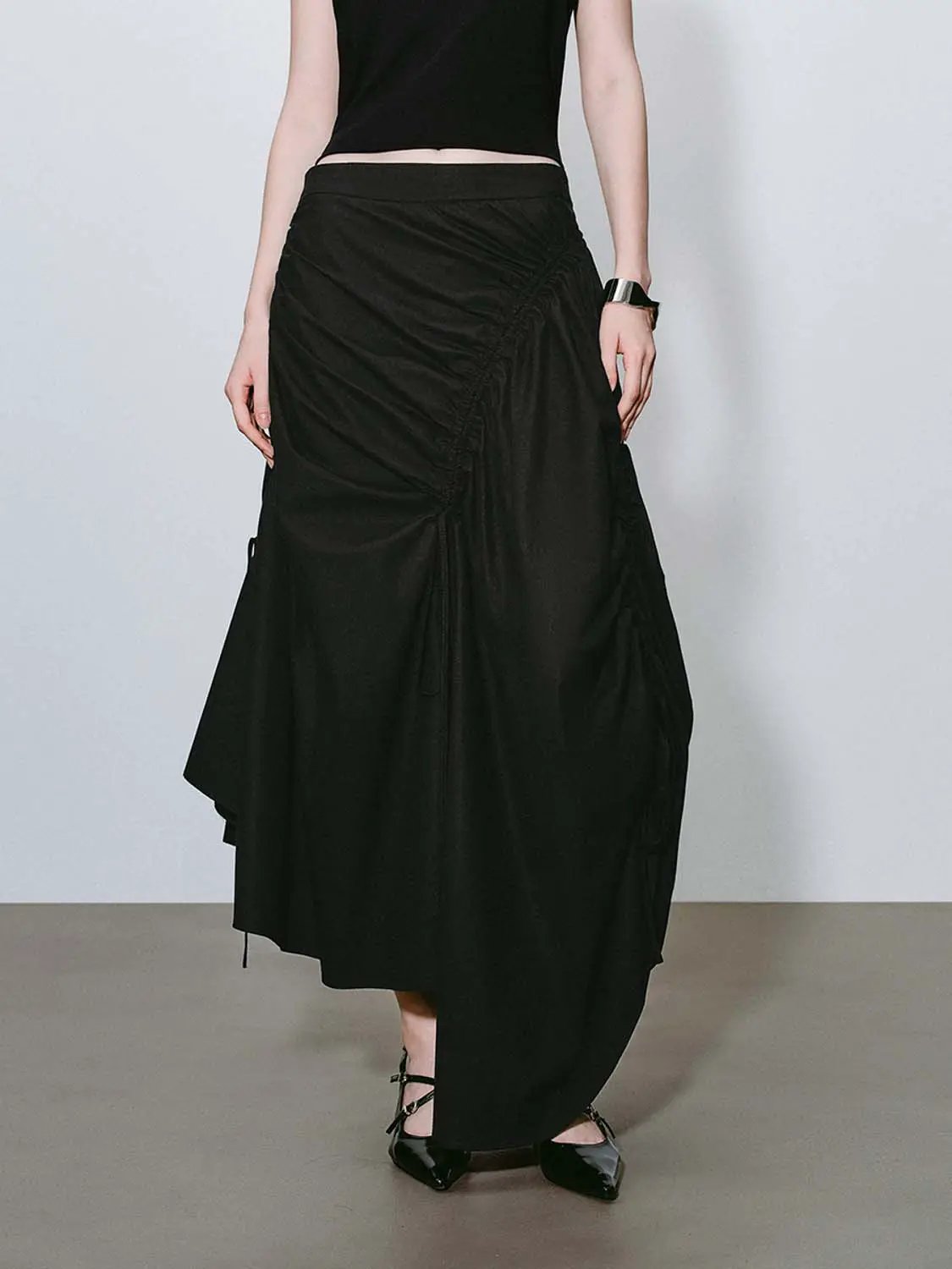 High-Waisted Ruched Drawstring Slit Irregular Hem A-Line Cotton Skirt