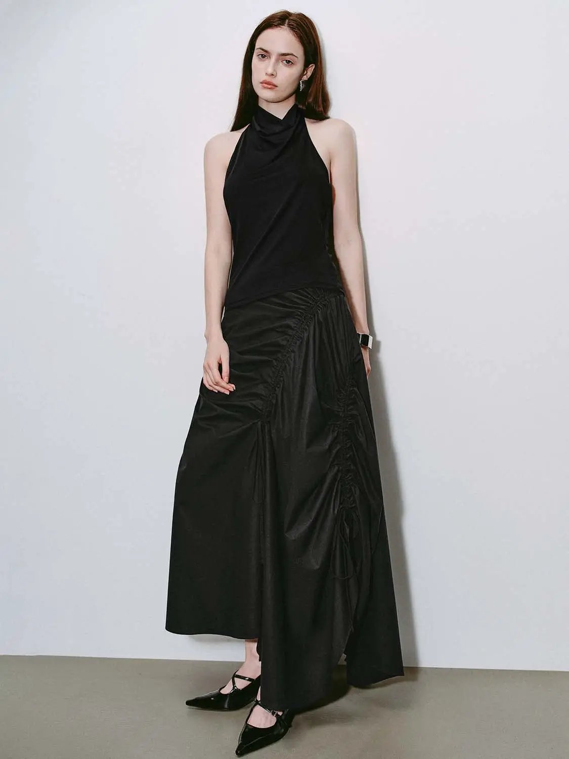 High-Waisted Ruched Drawstring Slit Irregular Hem A-Line Cotton Skirt