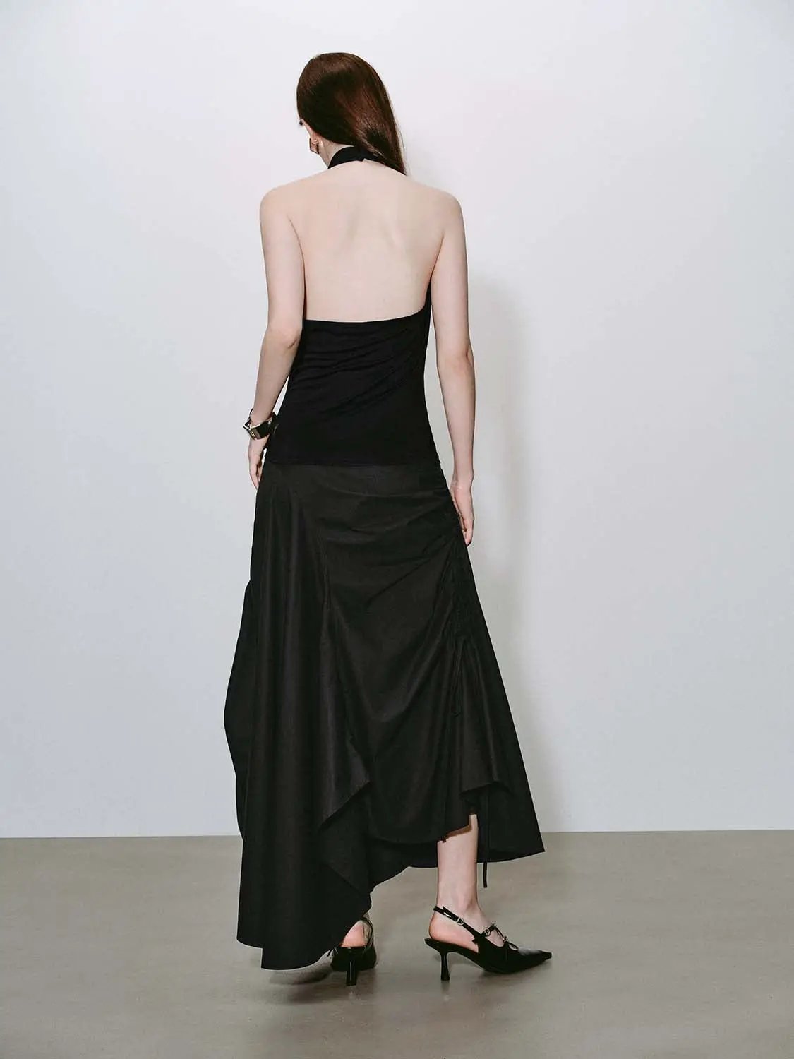 High-Waisted Ruched Drawstring Slit Irregular Hem A-Line Cotton Skirt