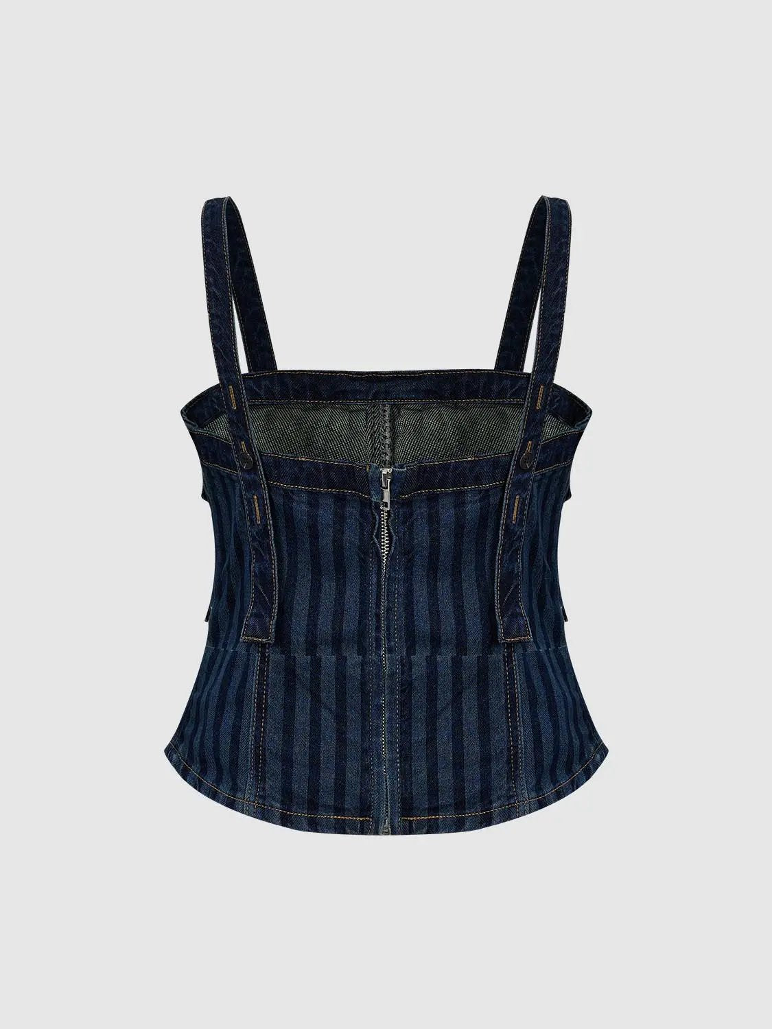 Wide-Strap Vertical Stripe Patch Pocket Cotton Denim Shirt