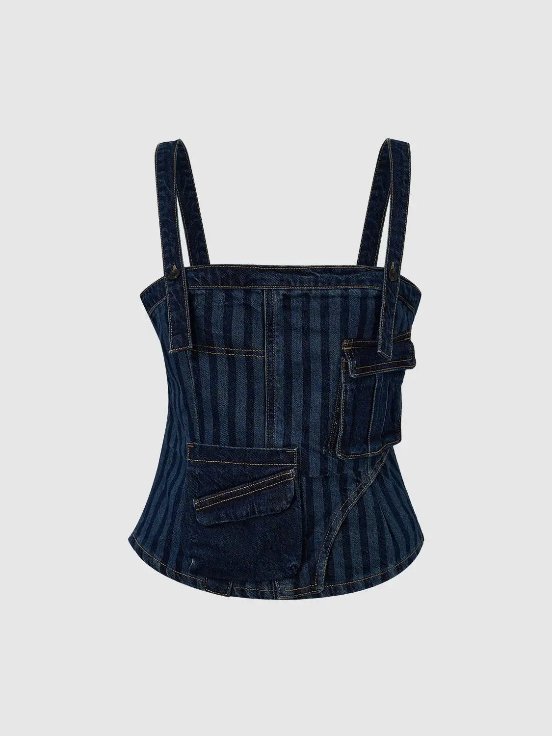 Wide-Strap Vertical Stripe Patch Pocket Cotton Denim Shirt