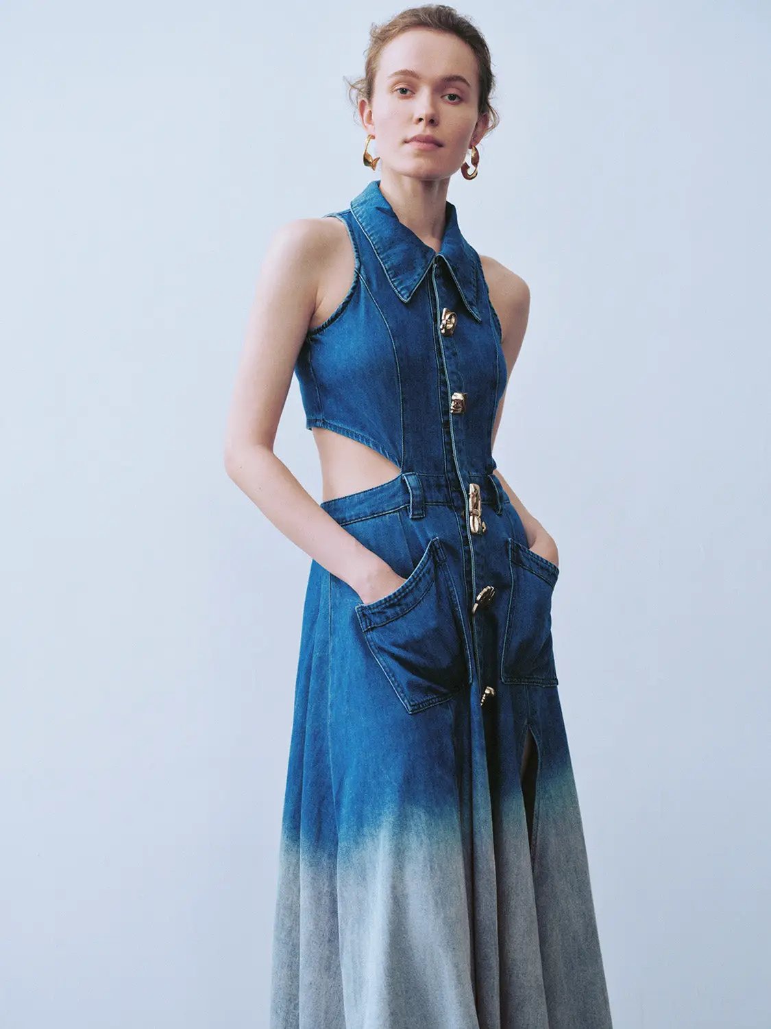 Cutout Sleeveless Cotton Denim Gradient Dress