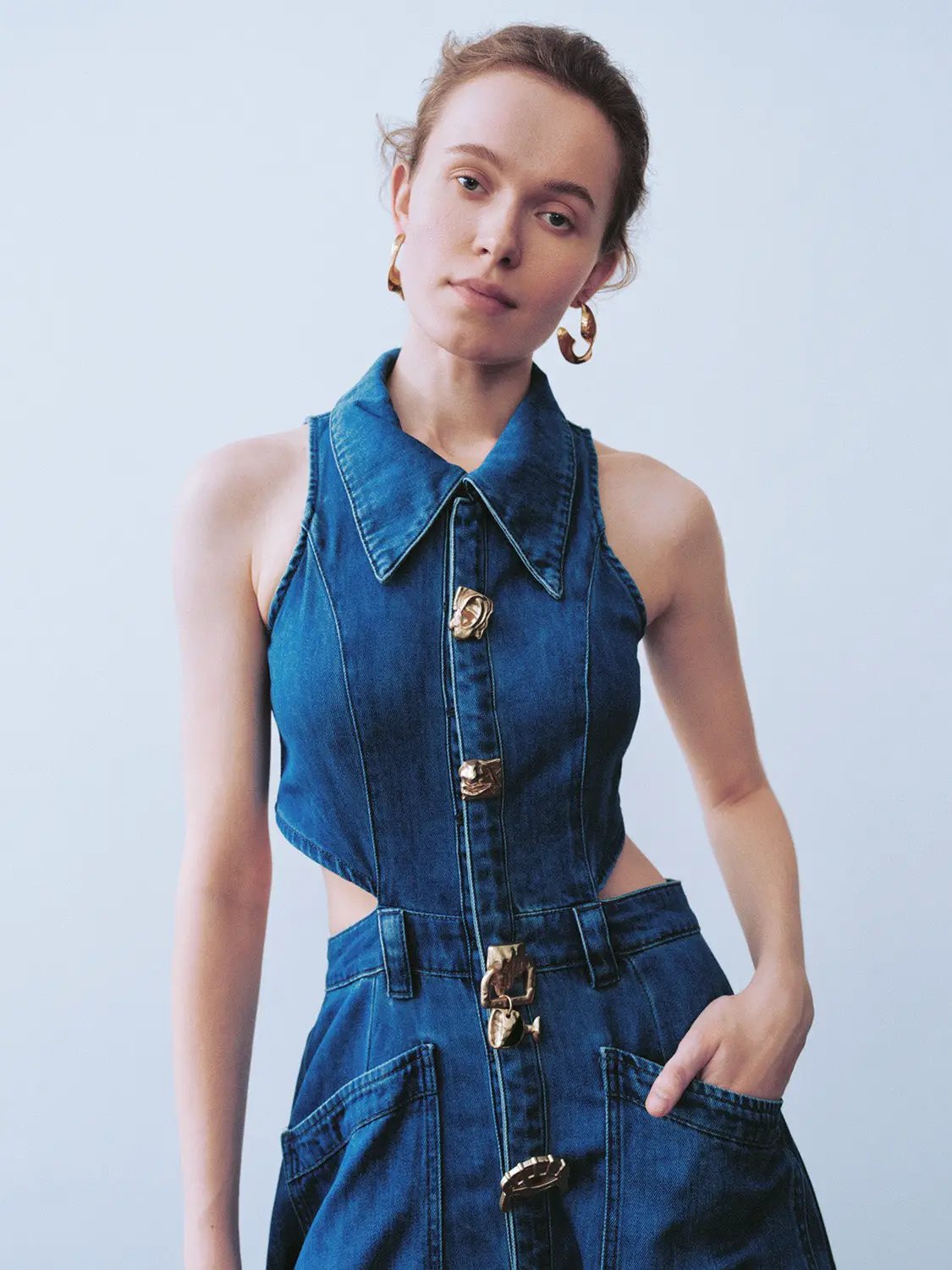 Cutout Sleeveless Cotton Denim Gradient Dress