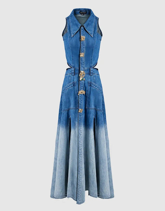 Cutout Sleeveless Cotton Denim Gradient Dress