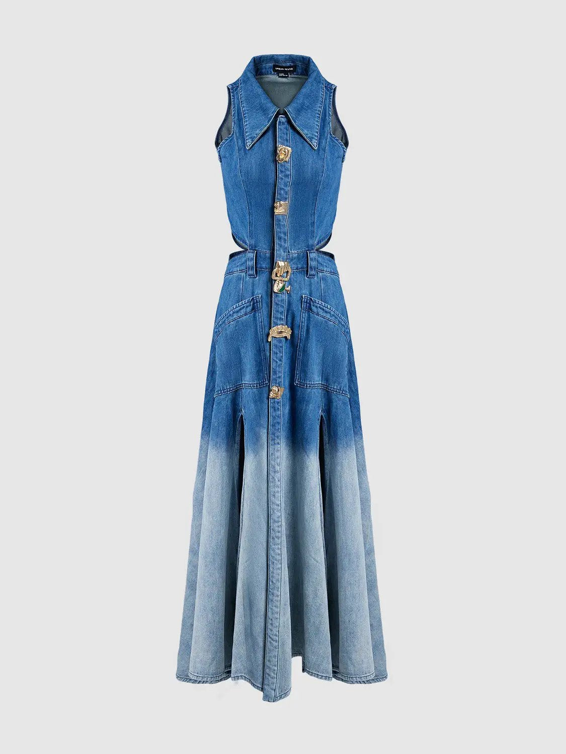 Cutout Sleeveless Cotton Denim Gradient Dress