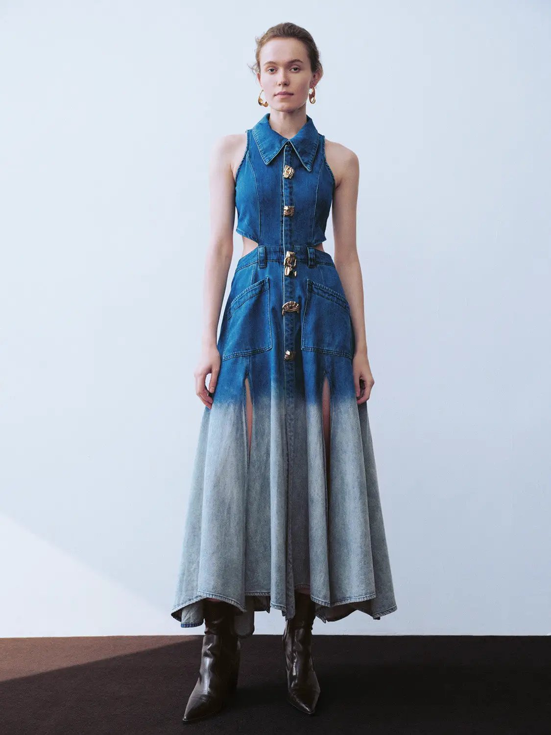 Cutout Sleeveless Cotton Denim Gradient Dress
