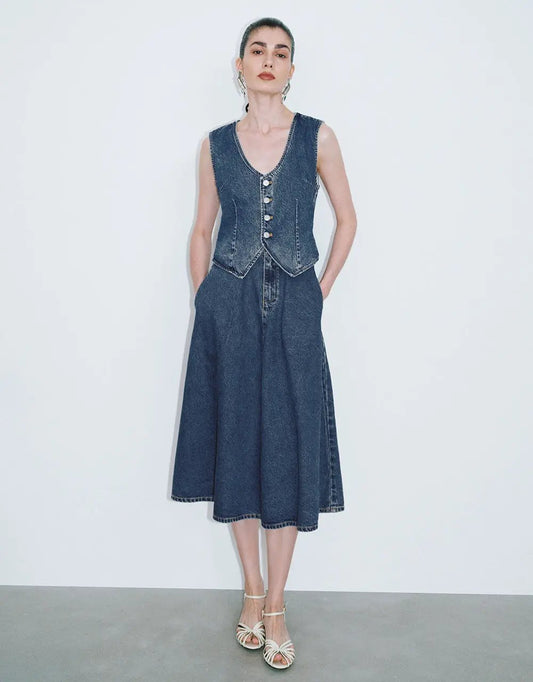 Tailored Button Front Denim Dress Midi Dress