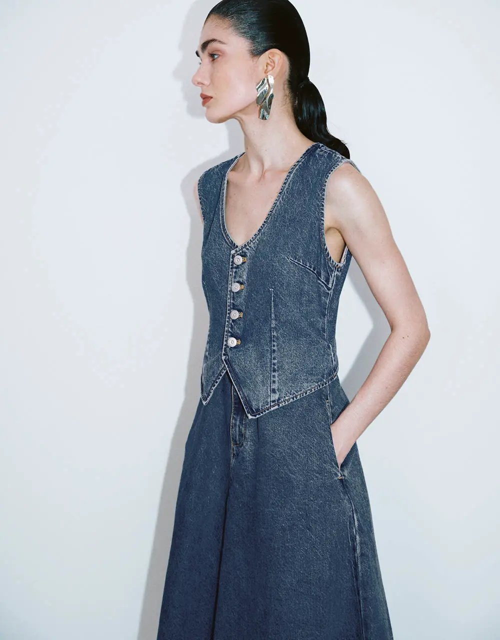 Tailored Button Front Denim Dress Midi Dress