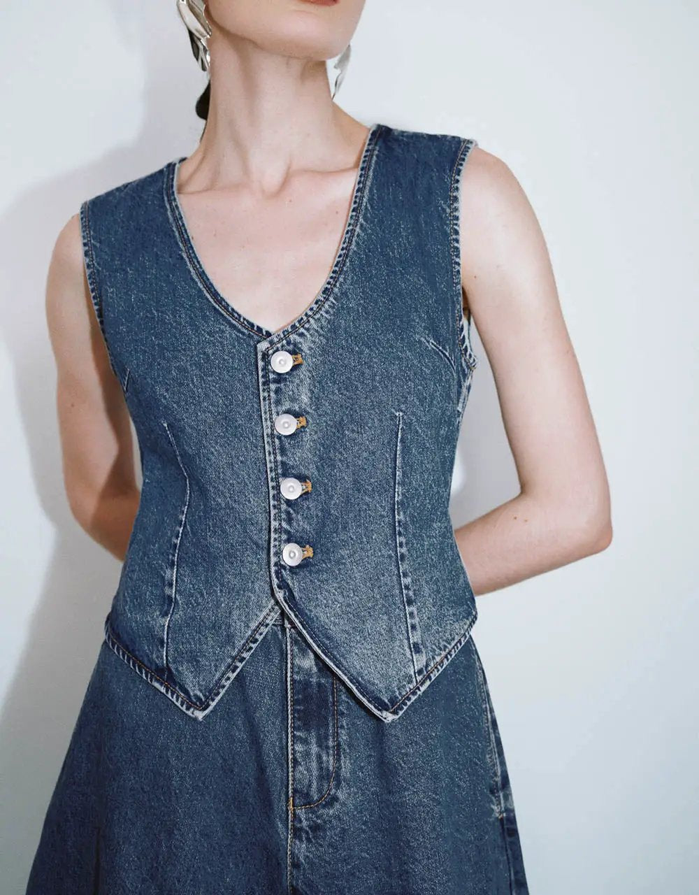 Tailored Button Front Denim Dress Midi Dress