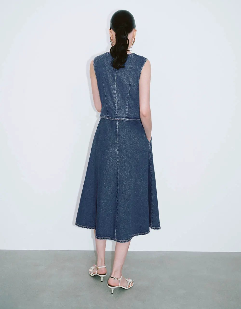 Tailored Button Front Denim Dress Midi Dress