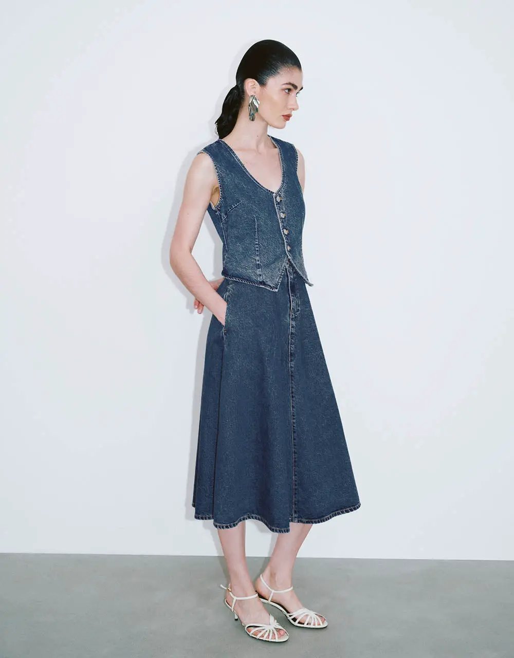 Tailored Button Front Denim Dress Midi Dress