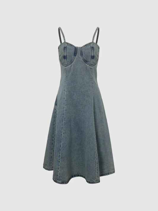 Bustier Bodice Seamed A-Line Cotton Dress Midi Dress