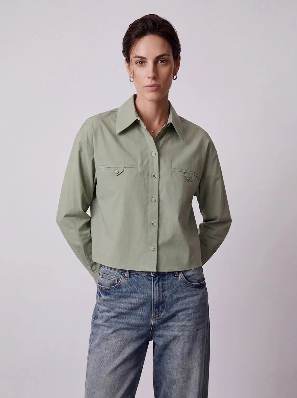 Cropped Button-Front Non-Stretch Cotton Shirt