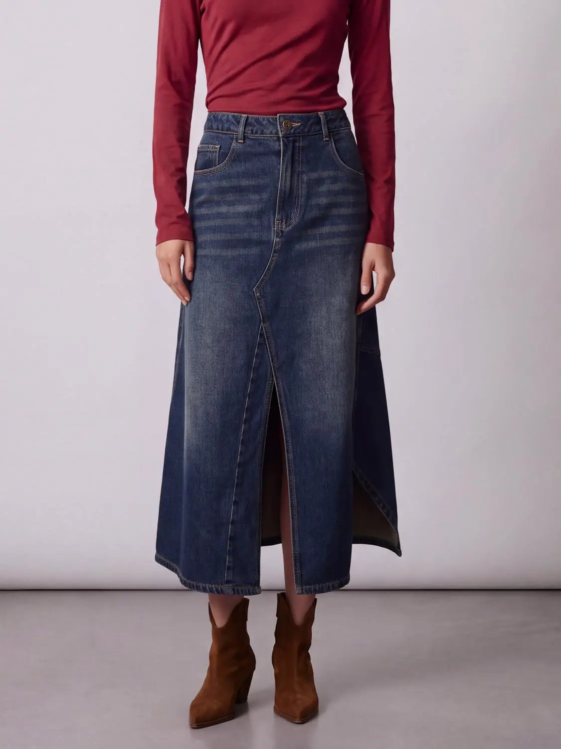 Asymmetrical Wrap Panel Seam Washed Midi Denim Skirt