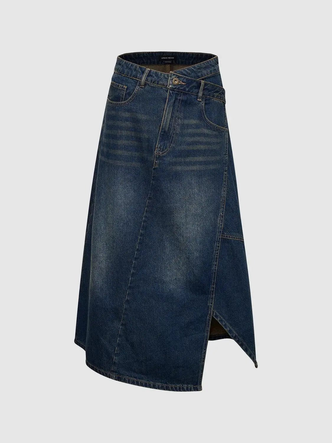 Asymmetrical Wrap Panel Seam Washed Midi Denim Skirt