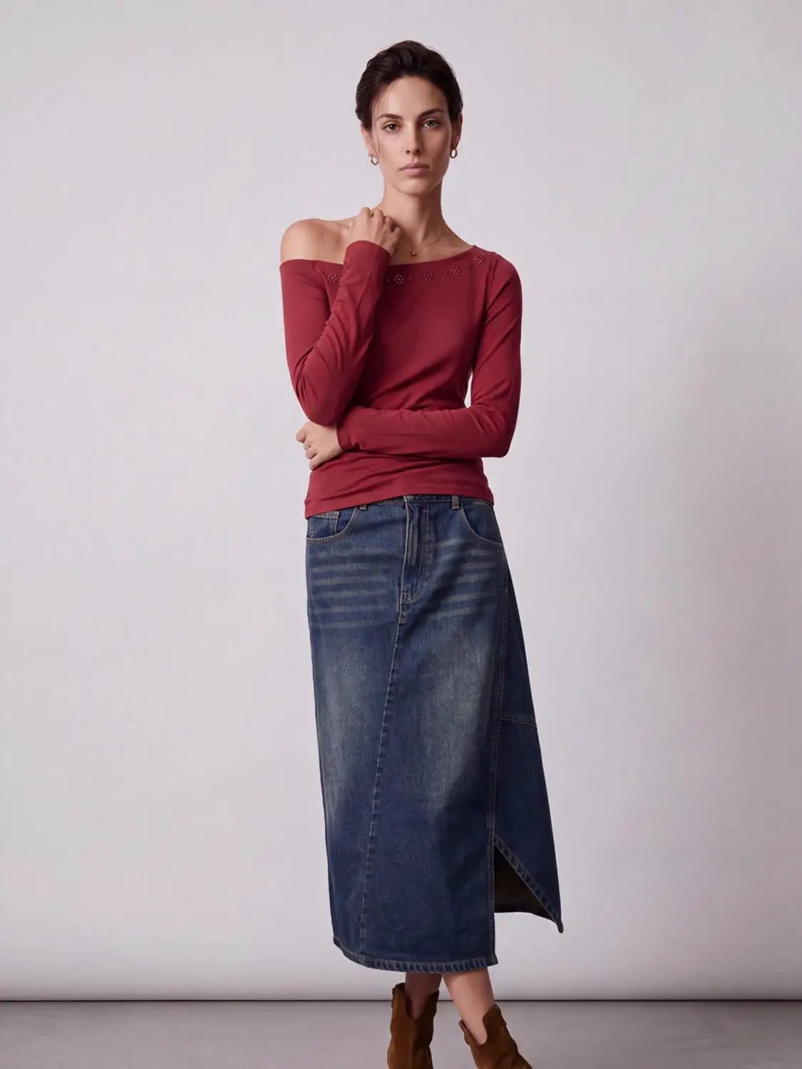 Asymmetrical Wrap Panel Seam Washed Midi Denim Skirt
