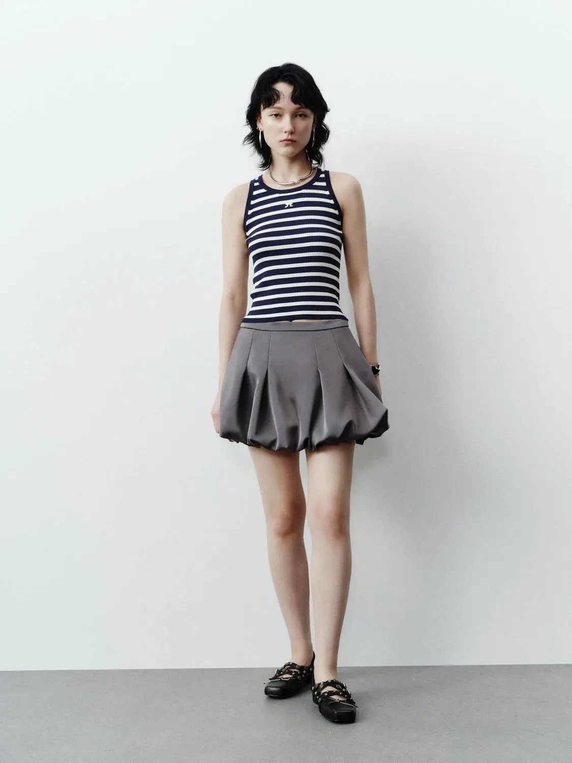 Elastic Waist Vertical Stripe Pleated Bubble Mini Skirt