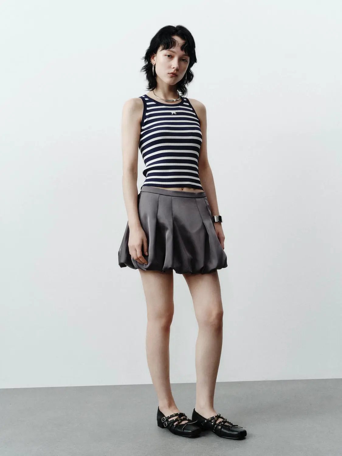Elastic Waist Vertical Stripe Pleated Bubble Mini Skirt